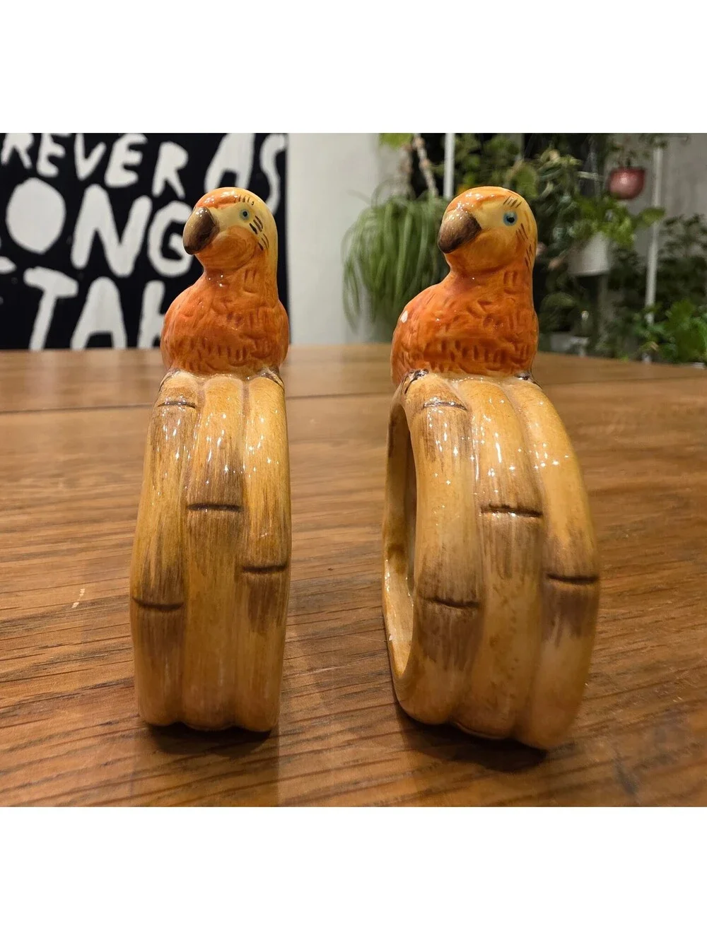 Ceramic Parrot Napkin Rings Pair  Yellow & Orange Tropical Tiki Bird